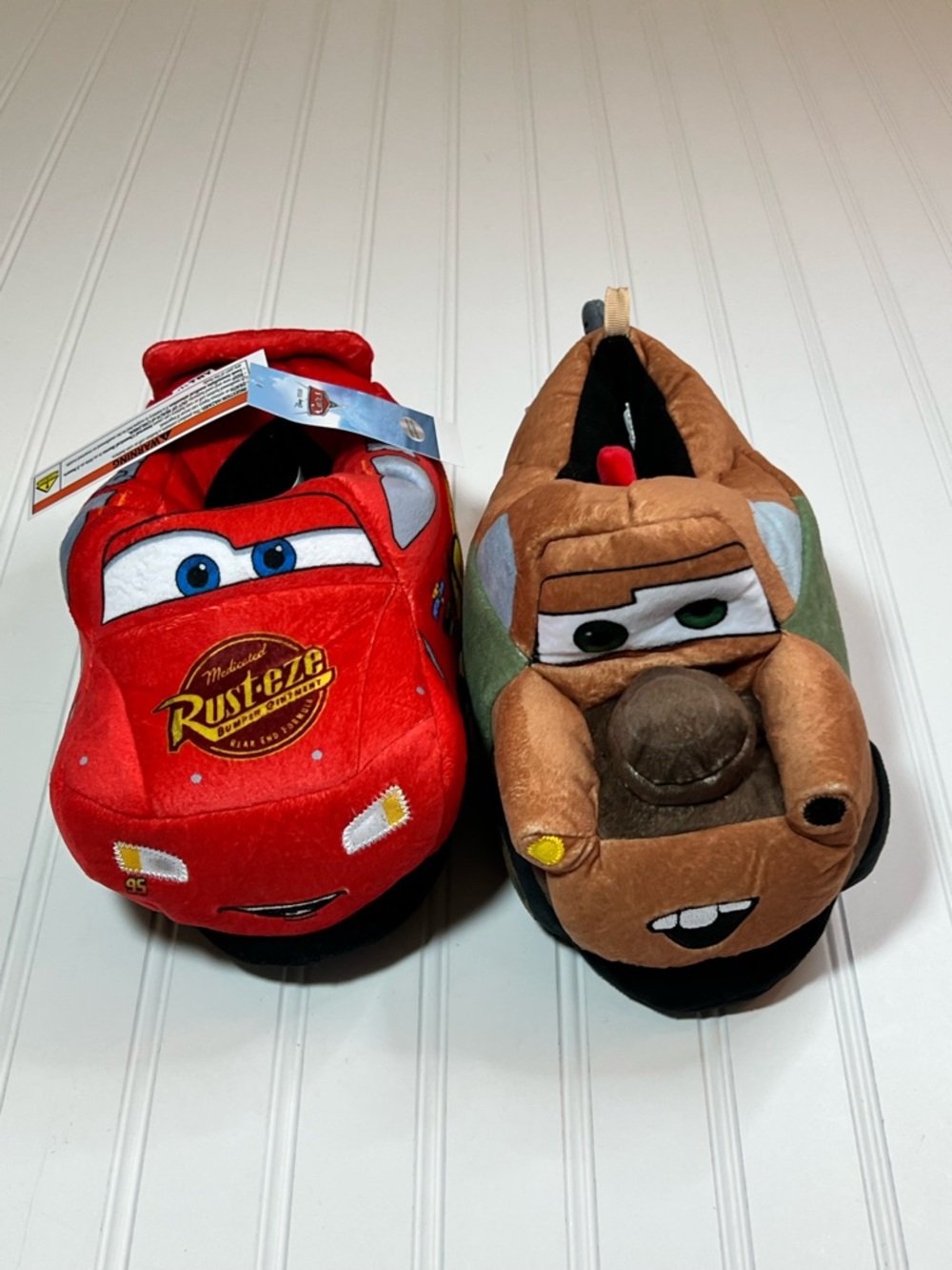 Cars Lightning McQueen & Mater Plush Slippers Red & Brown NWT